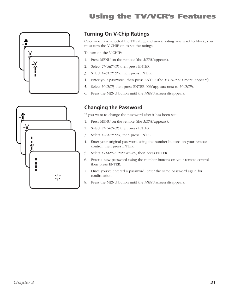 Using the tv/vcr’s features, Turning on v-chip ratings, Changing the password | RCA T25208 User Manual | Page 23 / 44