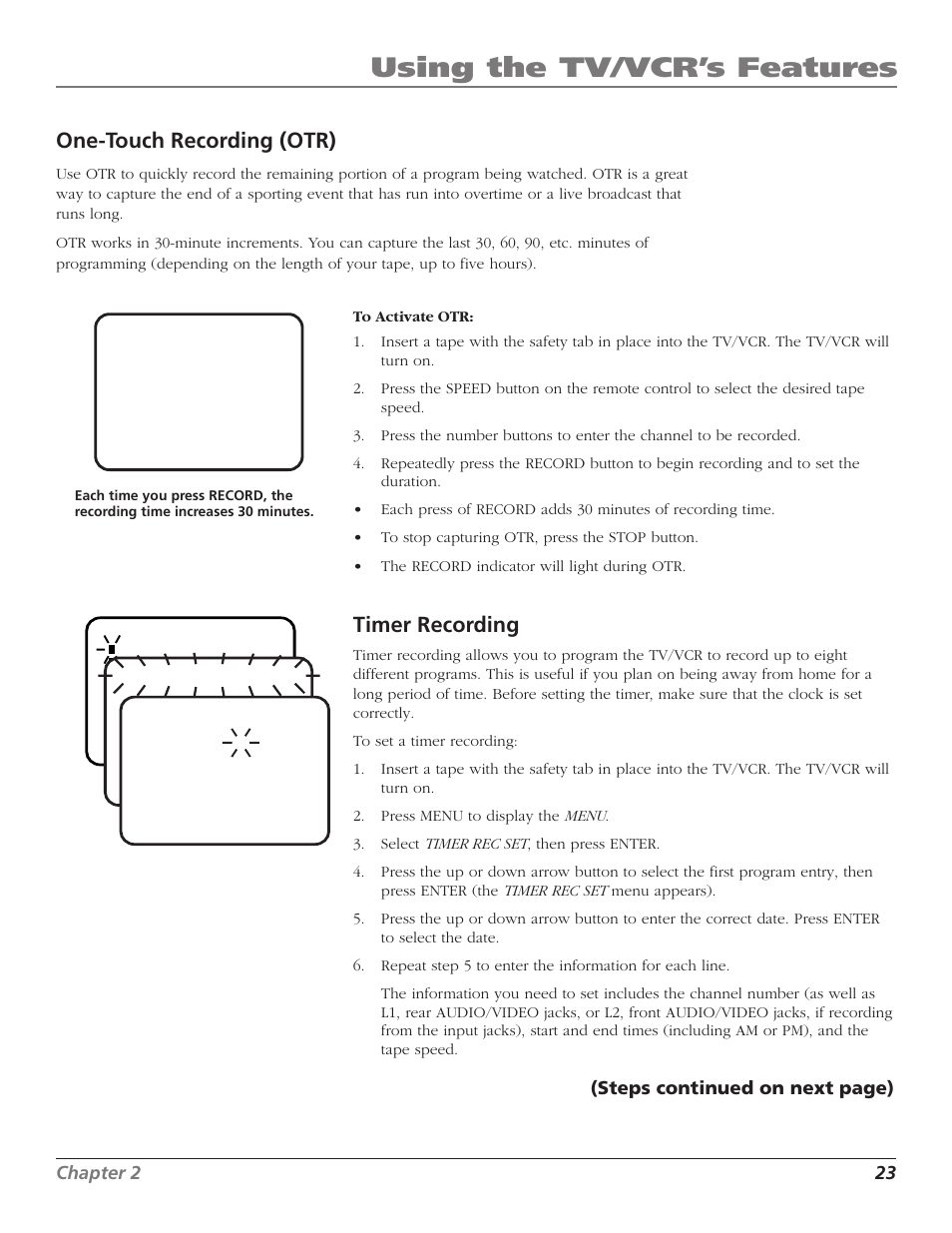 Using the tv/vcr’s features, One-touch recording (otr), Timer recording | RCA T25208 User Manual | Page 25 / 44