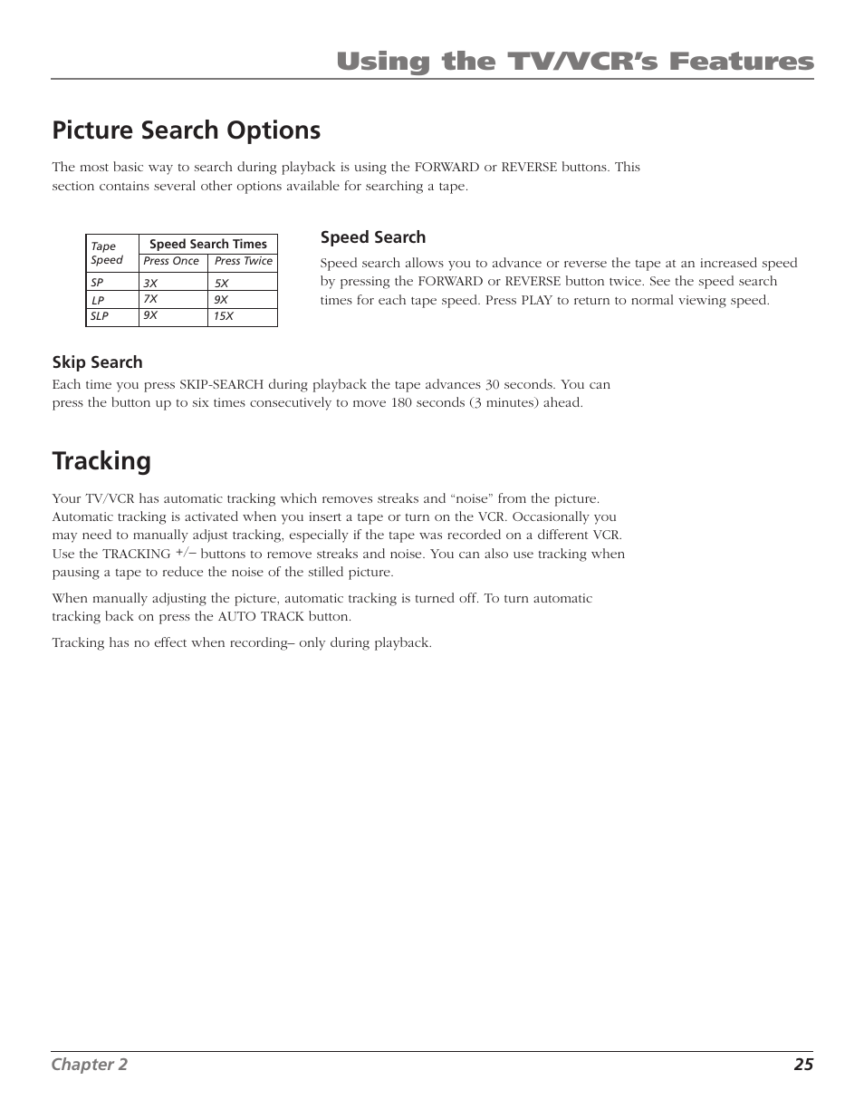 Using the tv/vcr’s features, Picture search options, Tracking | RCA T25208 User Manual | Page 27 / 44
