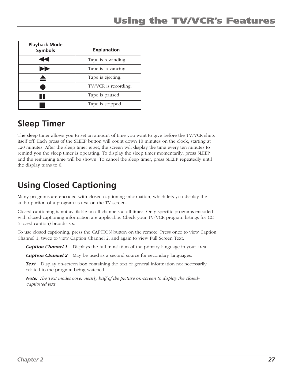 Using the tv/vcr’s features, Sleep timer, Using closed captioning | RCA T25208 User Manual | Page 29 / 44