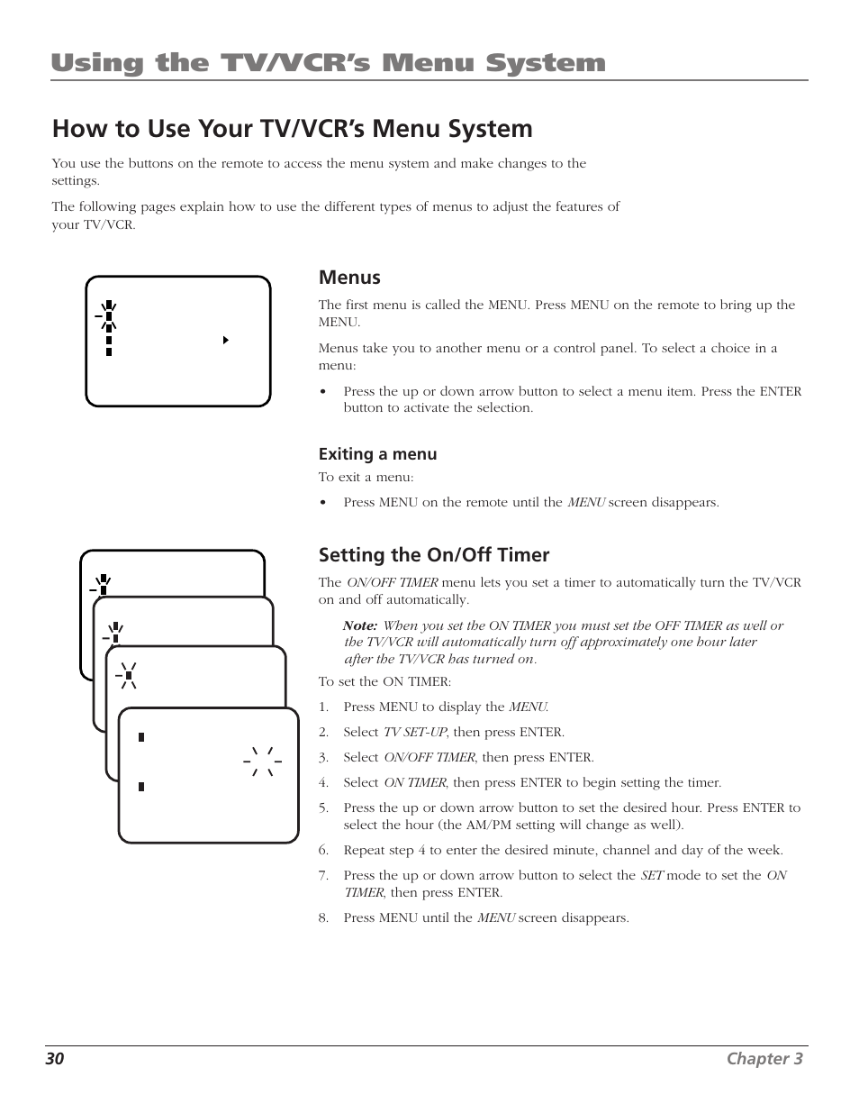 Menus, Setting the on/off timer | RCA T25208 User Manual | Page 32 / 44