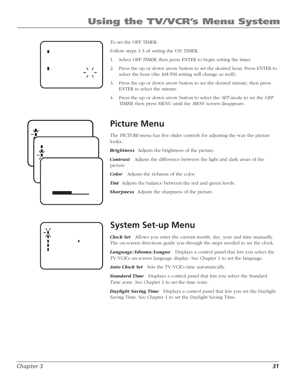 Using the tv/vcr’s menu system, Picture menu, System set-up menu | RCA T25208 User Manual | Page 33 / 44