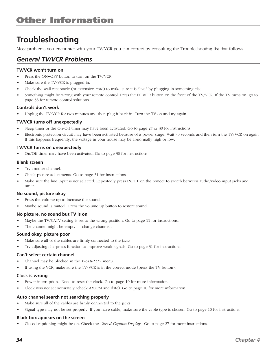 Other information, Troubleshooting, General tv/vcr problems | RCA T25208 User Manual | Page 36 / 44