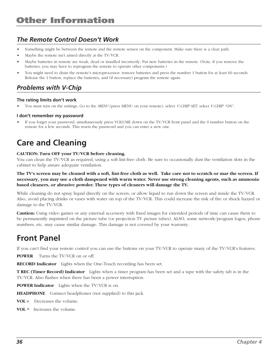 Other information, Care and cleaning, Front panel | The remote control doesn’t work, Problems with v-chip | RCA T25208 User Manual | Page 38 / 44