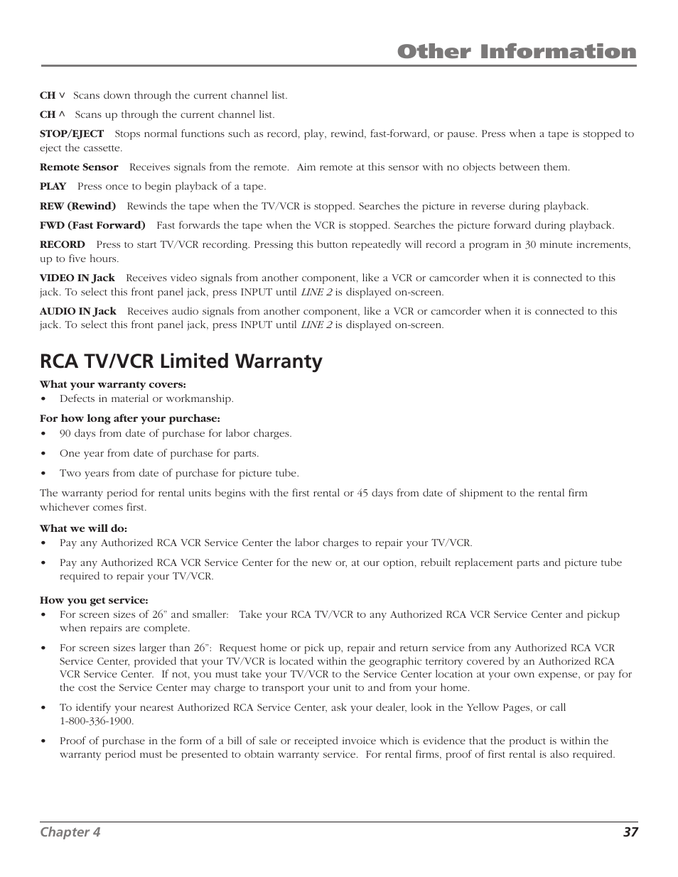 Other information, Rca tv/vcr limited warranty | RCA T25208 User Manual | Page 39 / 44