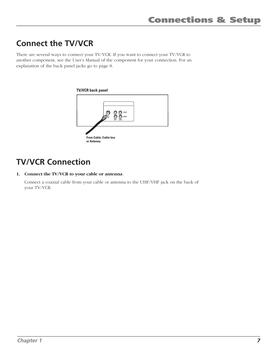 Connections & setup connect the tv/vcr, Tv/vcr connection, Chapter 1 7 | RCA T25208 User Manual | Page 9 / 44