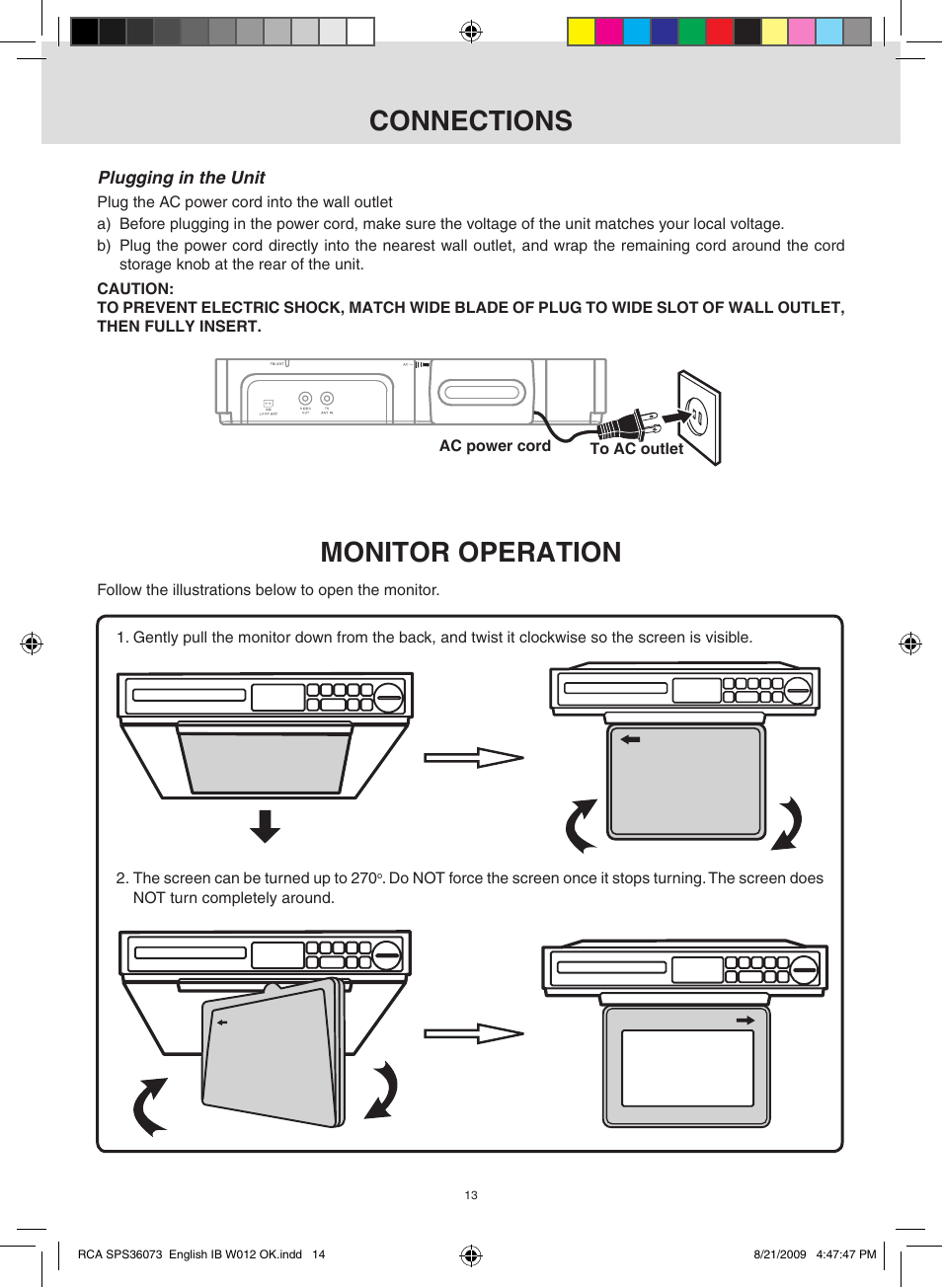 Monitor operation, Connections | RCA SPS36073 User Manual | Page 14 / 30