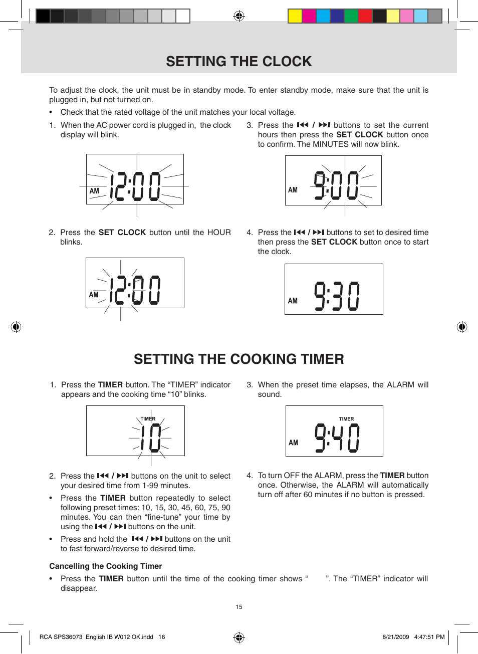 Setting the clock, Setting the cooking timer | RCA SPS36073 User Manual | Page 16 / 30