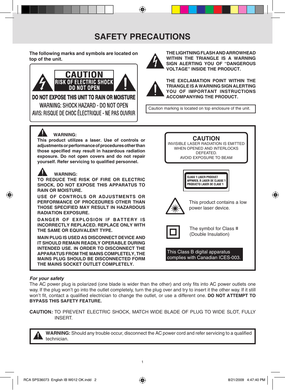 Safety precautions, Caution | RCA SPS36073 User Manual | Page 2 / 30