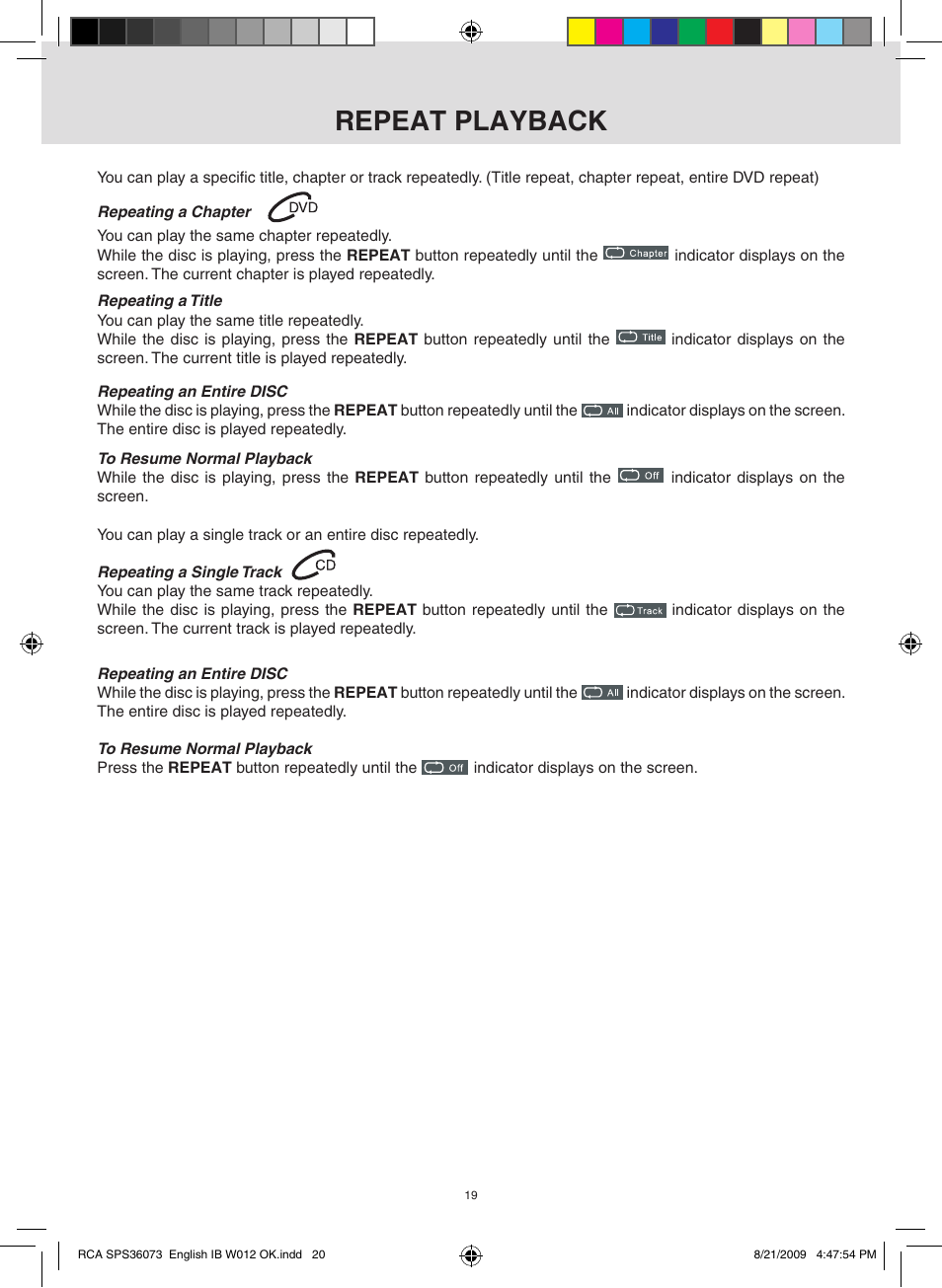 Repeat playback | RCA SPS36073 User Manual | Page 20 / 30