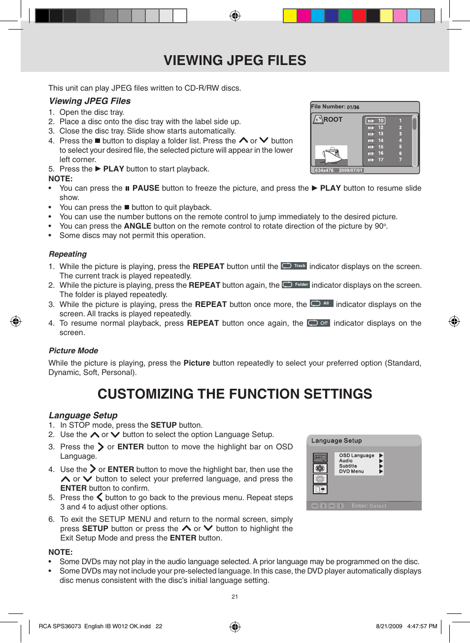 Viewing jpeg files, Customizing the function settings | RCA SPS36073 User Manual | Page 22 / 30