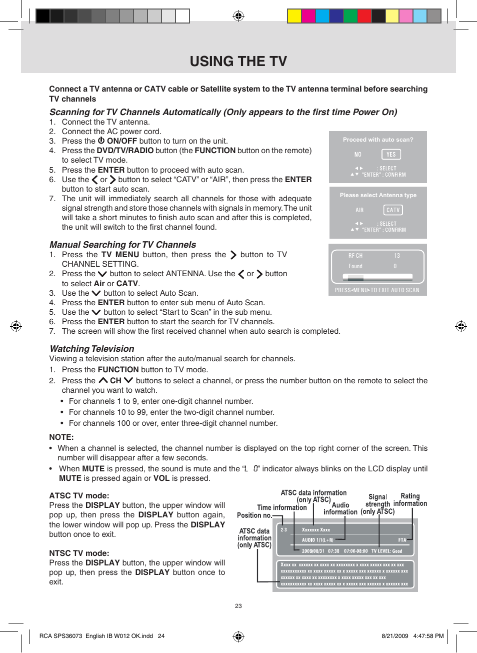 Using the tv | RCA SPS36073 User Manual | Page 24 / 30