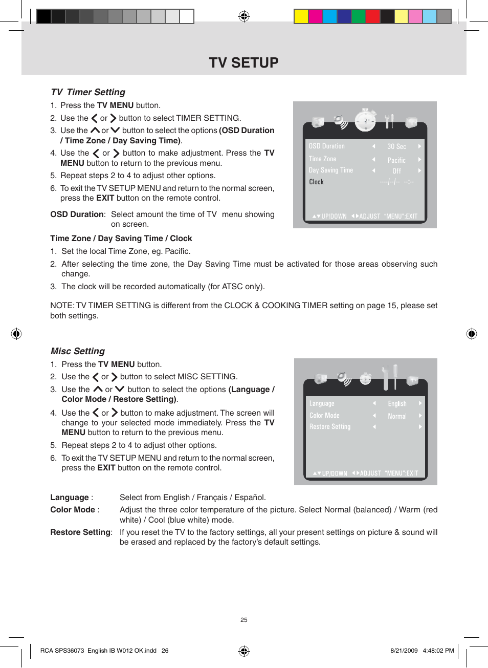 Tv setup | RCA SPS36073 User Manual | Page 26 / 30