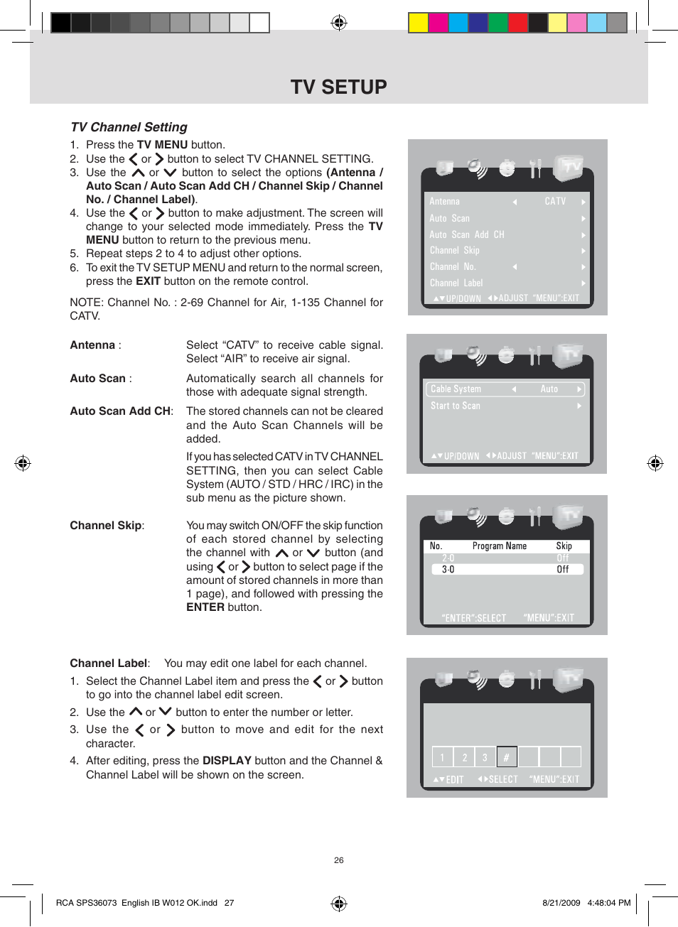Tv setup | RCA SPS36073 User Manual | Page 27 / 30