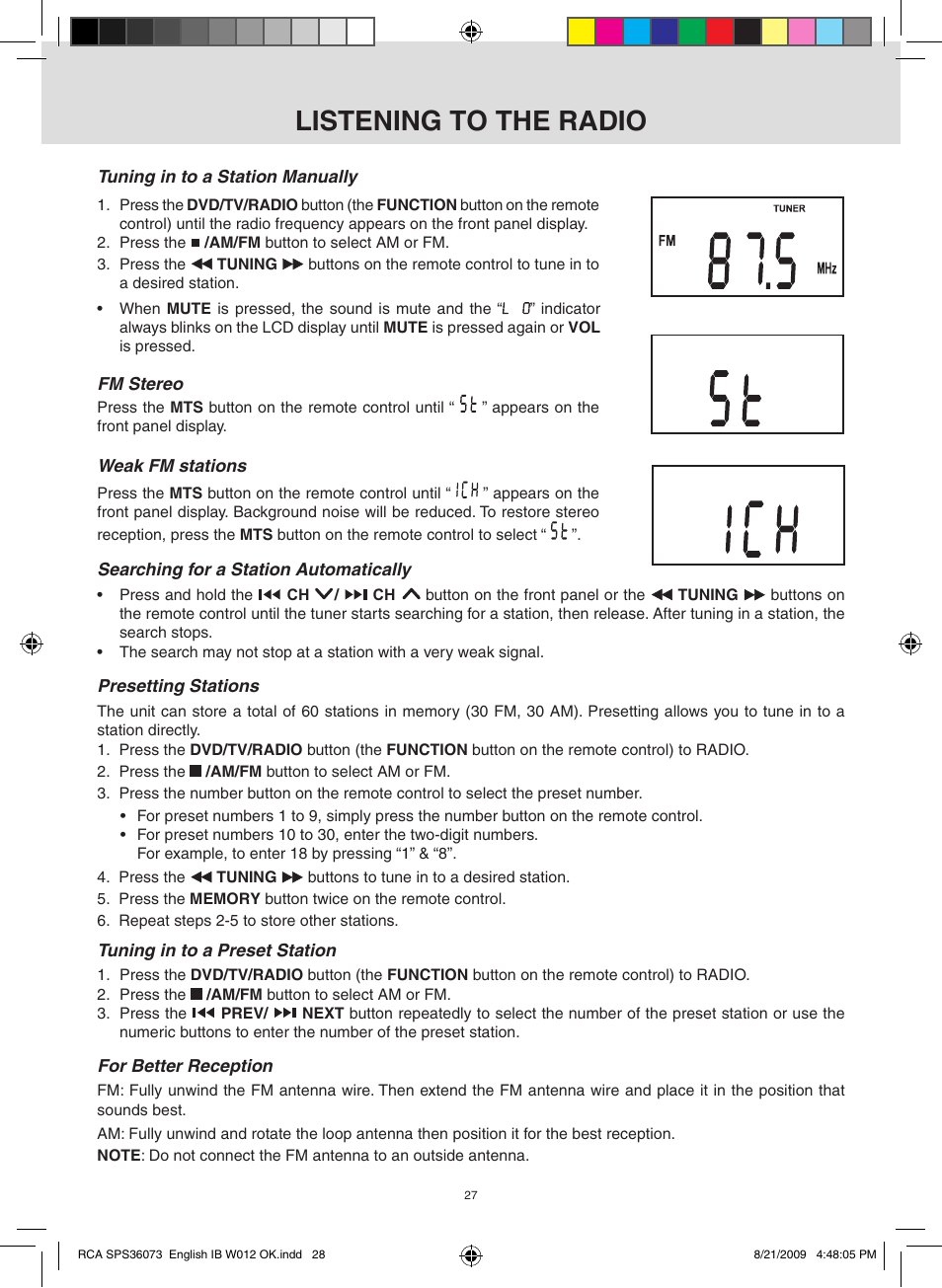Listening to the radio | RCA SPS36073 User Manual | Page 28 / 30