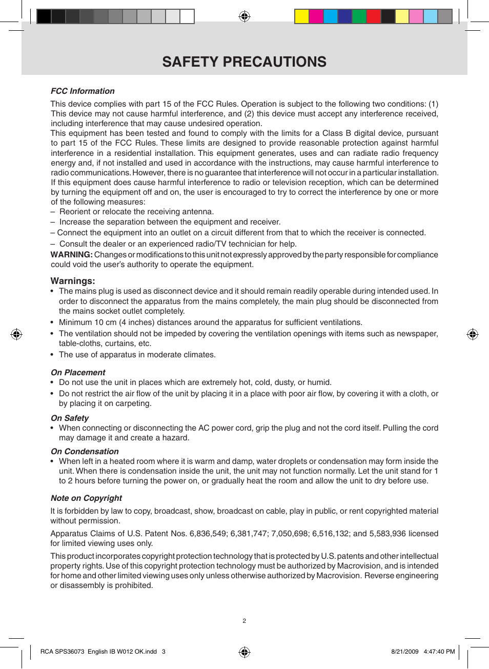 Safety precautions | RCA SPS36073 User Manual | Page 3 / 30