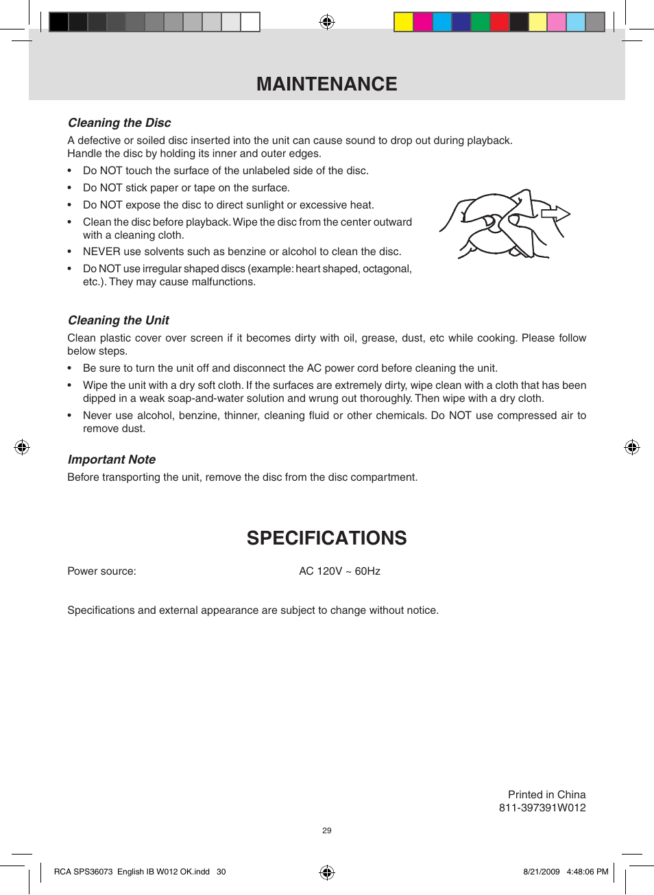 Specifications, Maintenance | RCA SPS36073 User Manual | Page 30 / 30