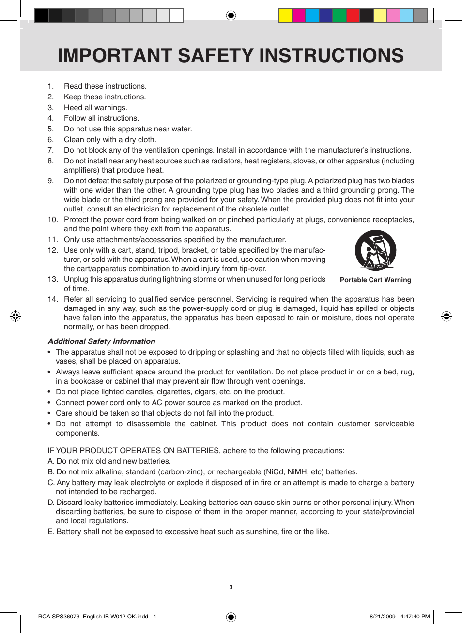 Important safety instructions | RCA SPS36073 User Manual | Page 4 / 30