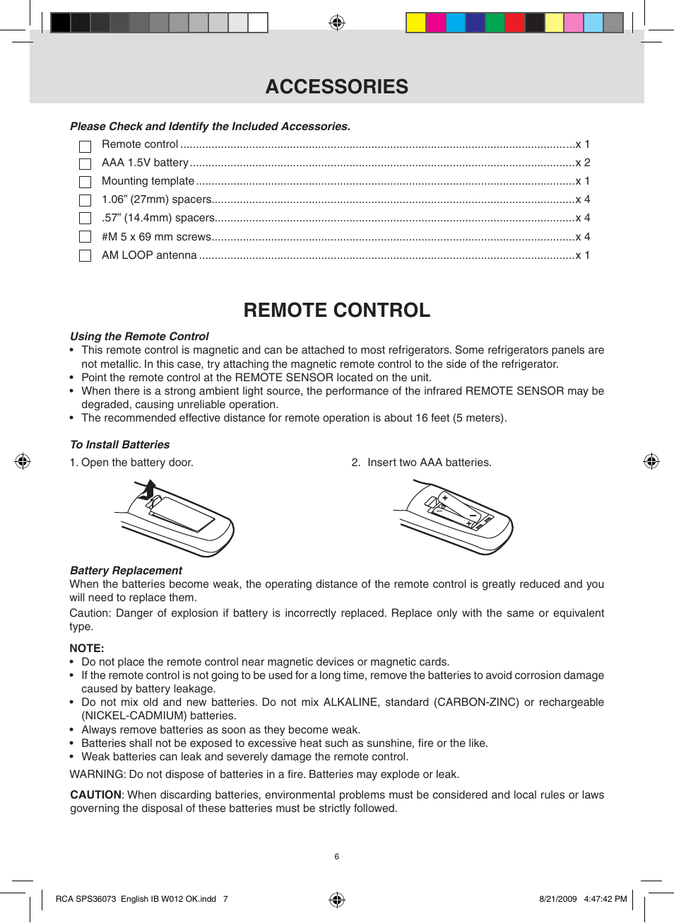 Accessories, Remote control | RCA SPS36073 User Manual | Page 7 / 30