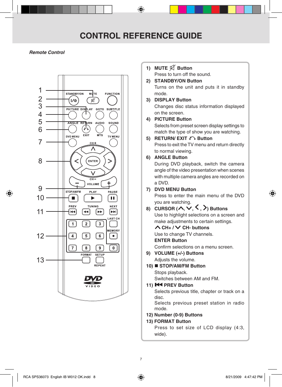 Control reference guide | RCA SPS36073 User Manual | Page 8 / 30