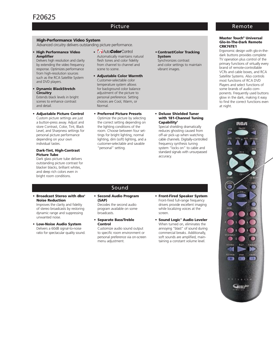 Picture remote sound | RCA F20625 User Manual | Page 2 / 4