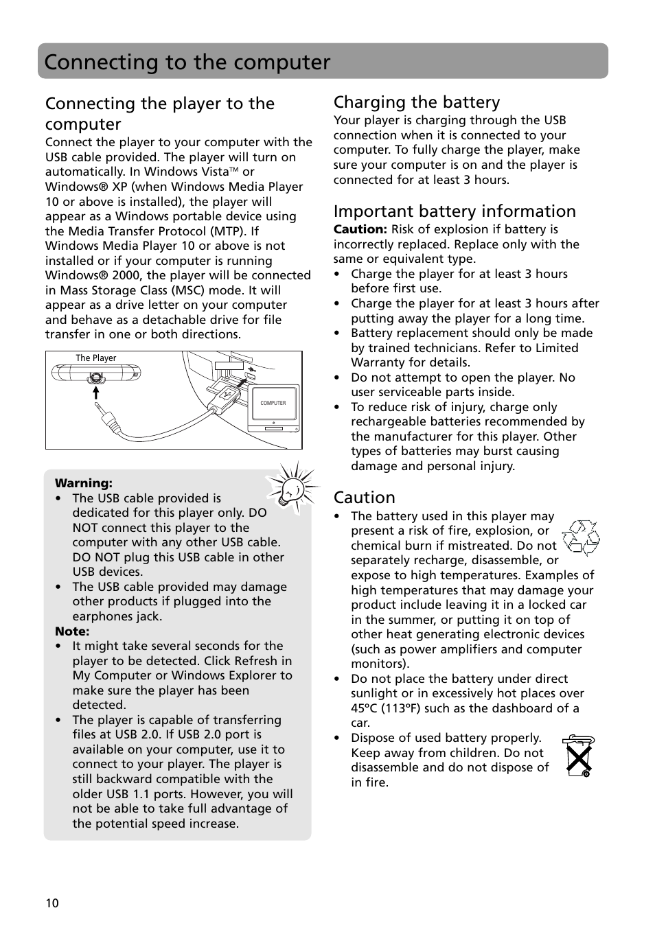 Connecting to the computer, Connecting the player to the computer, Charging the battery | Important battery information, Caution | RCA MC4008 User Manual | Page 10 / 28