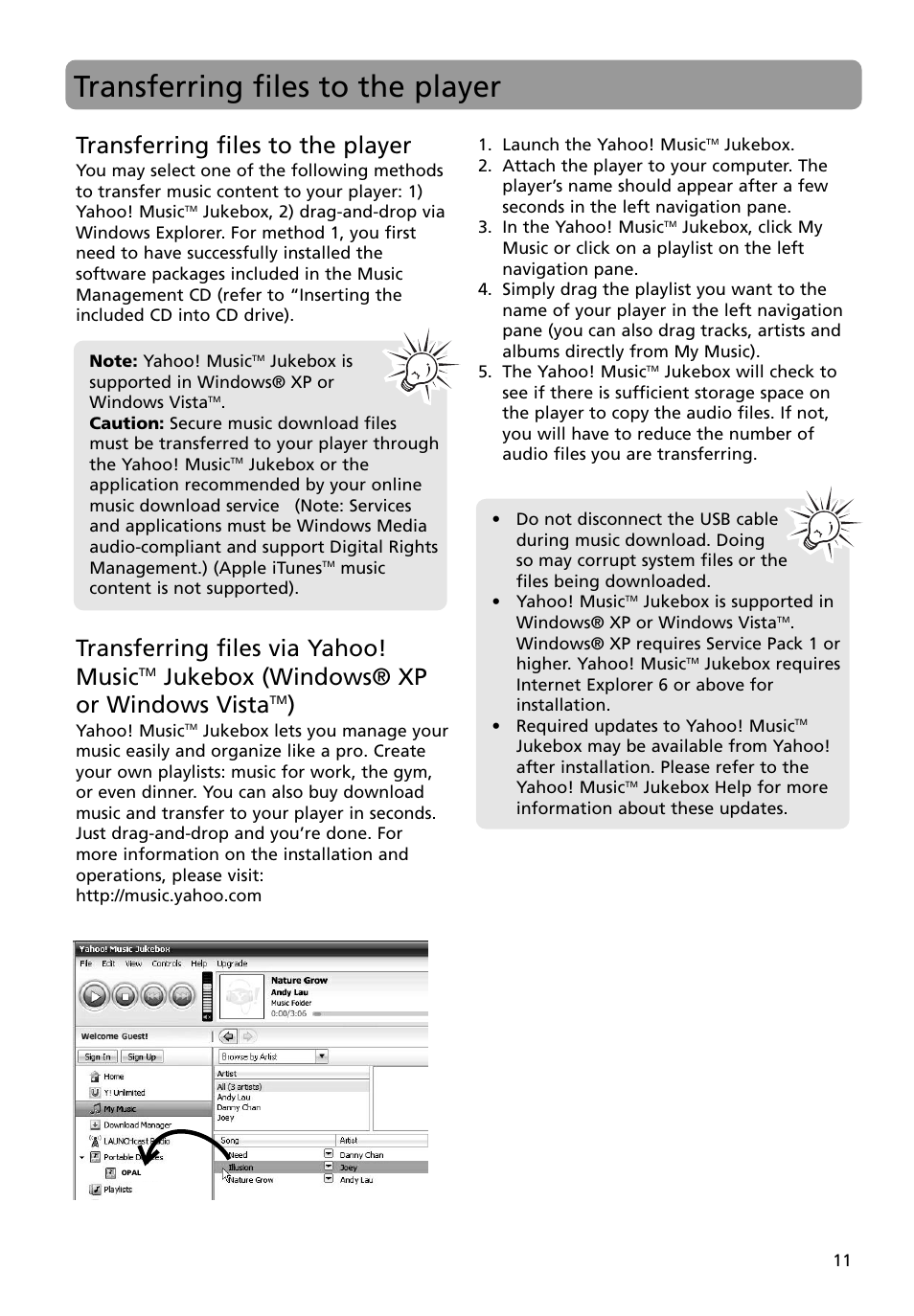 Transferring files to the player, Transferring files via yahoo! music, Jukebox (windows® xp or windows vista | RCA MC4008 User Manual | Page 11 / 28