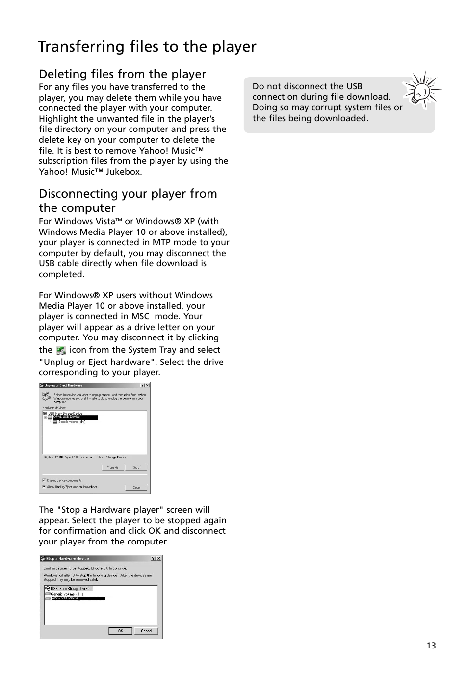 Disconnecting your player from the computer, Transferring files to the player, Deleting files from the player | RCA MC4008 User Manual | Page 13 / 28