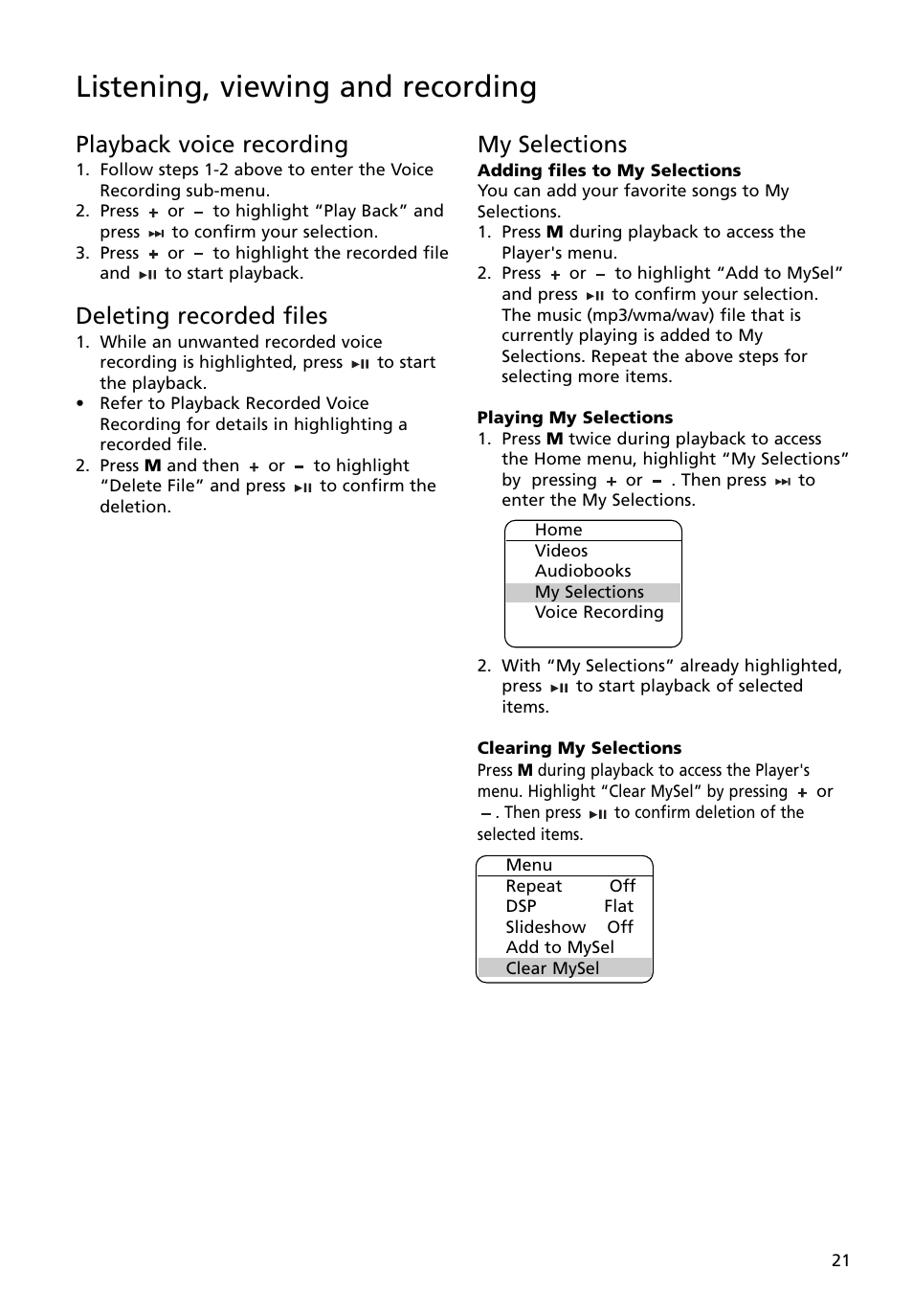 Playback voice recording, Deleting recorded files, My selections | Listening, viewing and recording | RCA MC4008 User Manual | Page 21 / 28