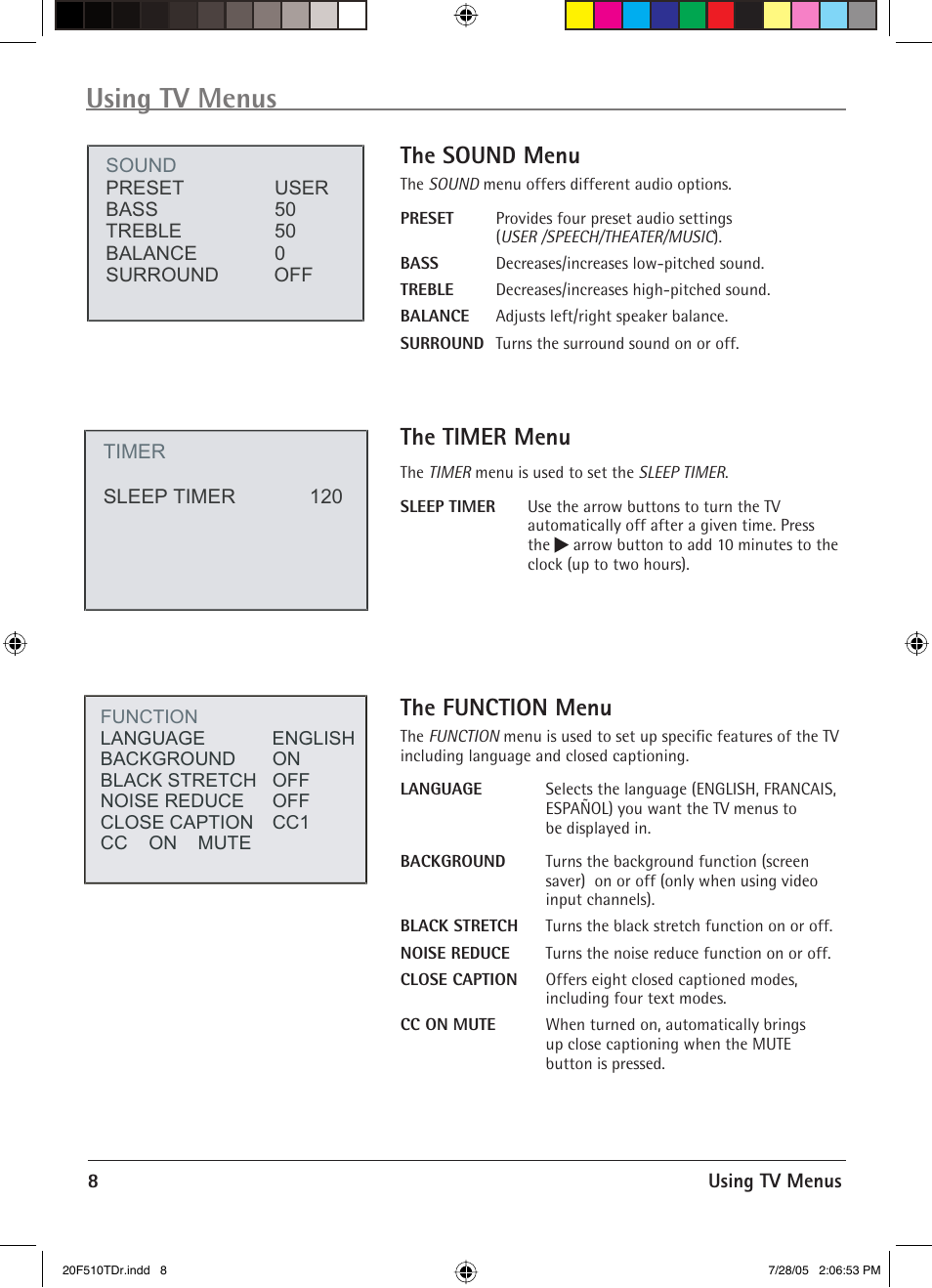 Using tv menus, The sound menu, The timer menu | The function menu | RCA RCRVD2022 User Manual | Page 10 / 30