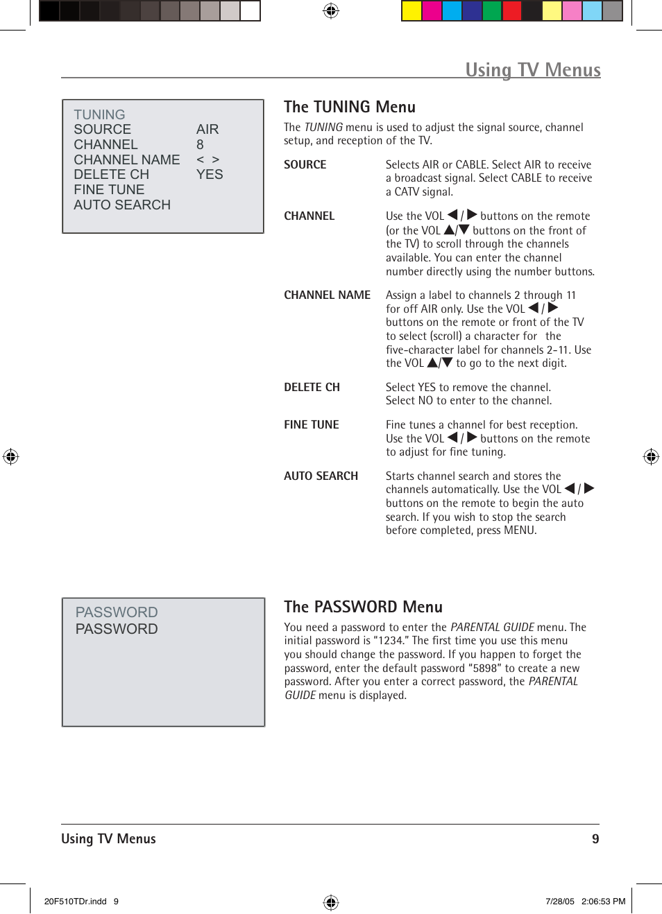 Using tv menus, The tuning menu, The password menu | RCA RCRVD2022 User Manual | Page 11 / 30