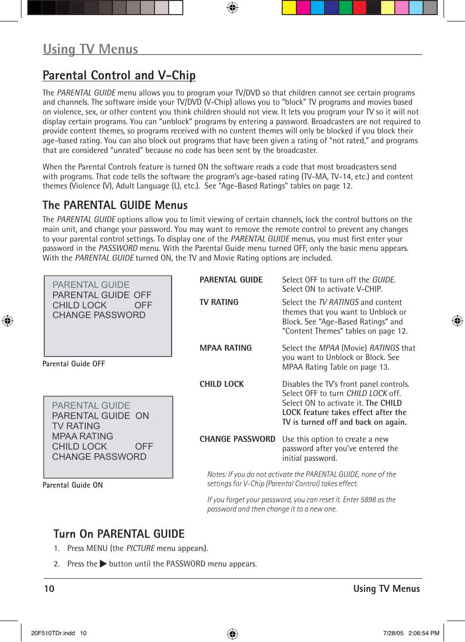 Using tv menus, Parental control and v-chip, The parental guide menus | Turn on parental guide | RCA RCRVD2022 User Manual | Page 12 / 30