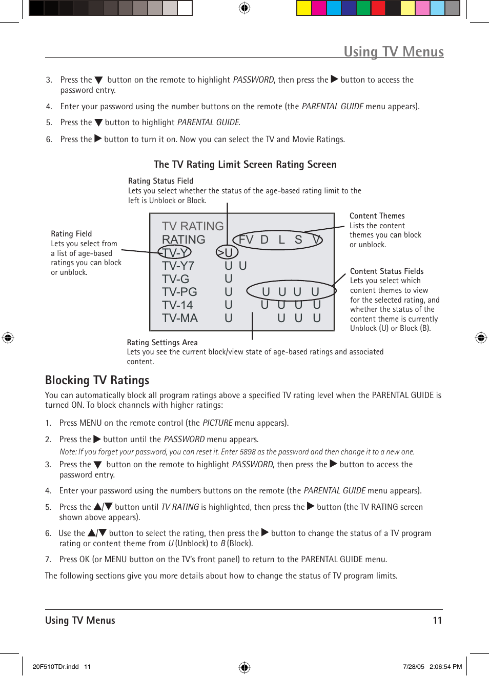 Using tv menus, Blocking tv ratings | RCA RCRVD2022 User Manual | Page 13 / 30