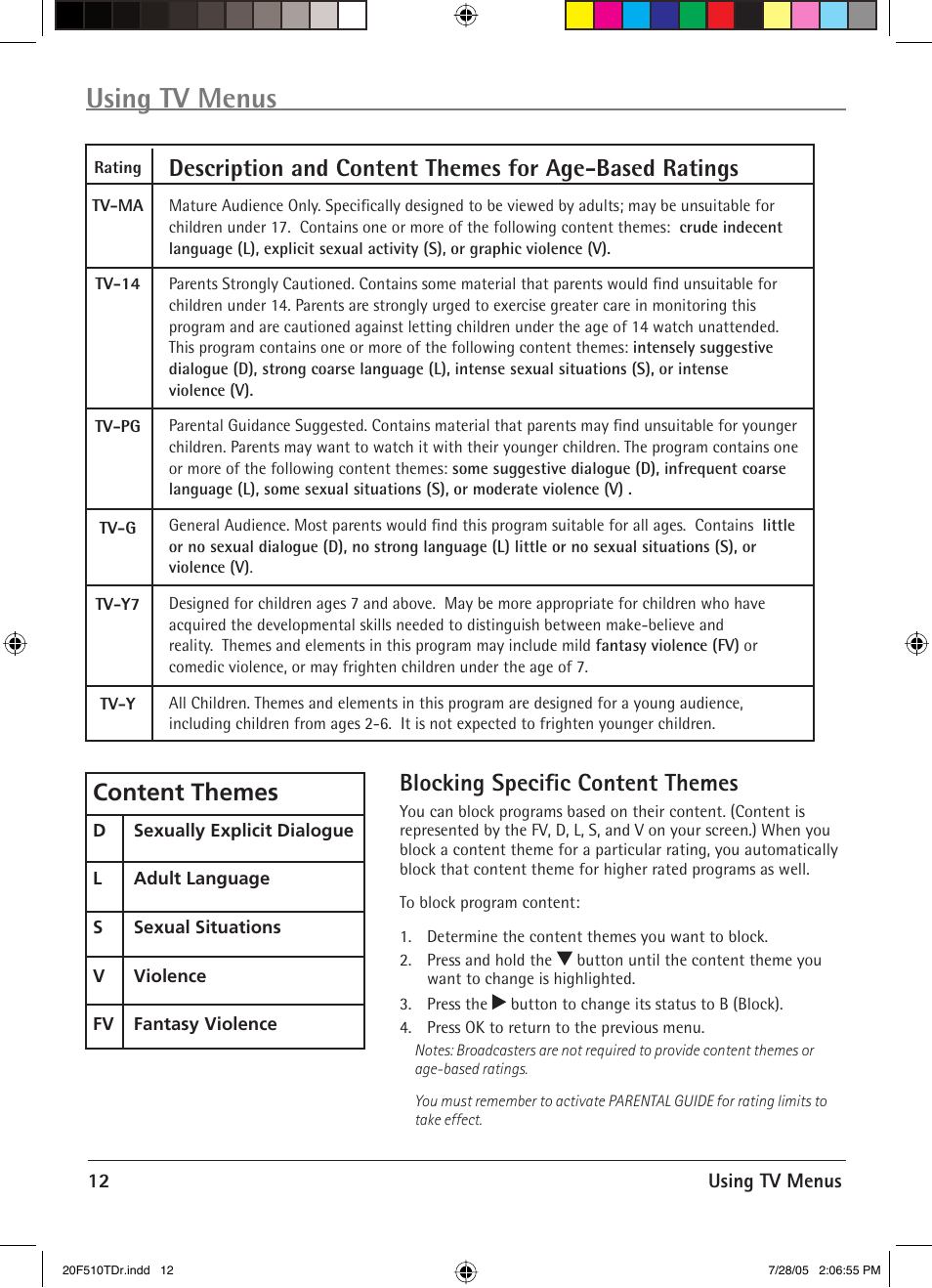Using tv menus, Blocking specifi c content themes, Content themes | RCA RCRVD2022 User Manual | Page 14 / 30