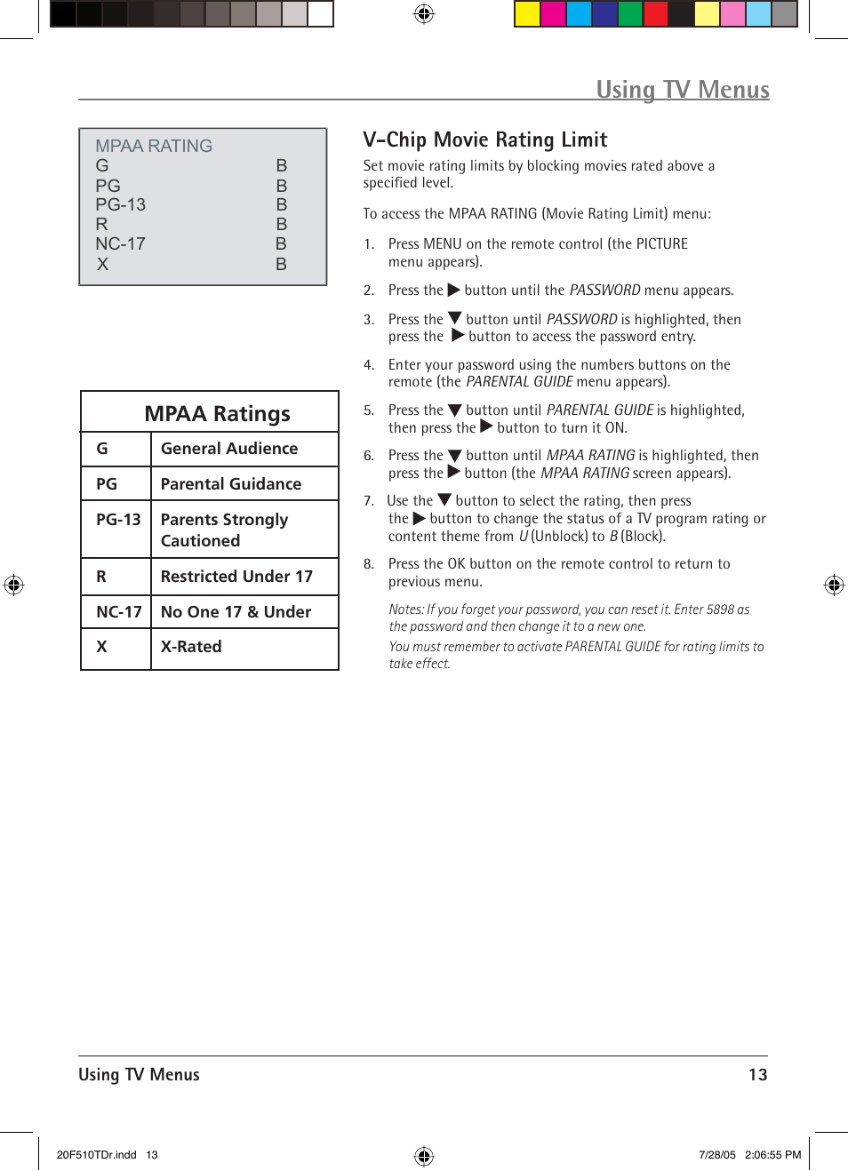 Using tv menus, V-chip movie rating limit, Mpaa ratings | RCA RCRVD2022 User Manual | Page 15 / 30