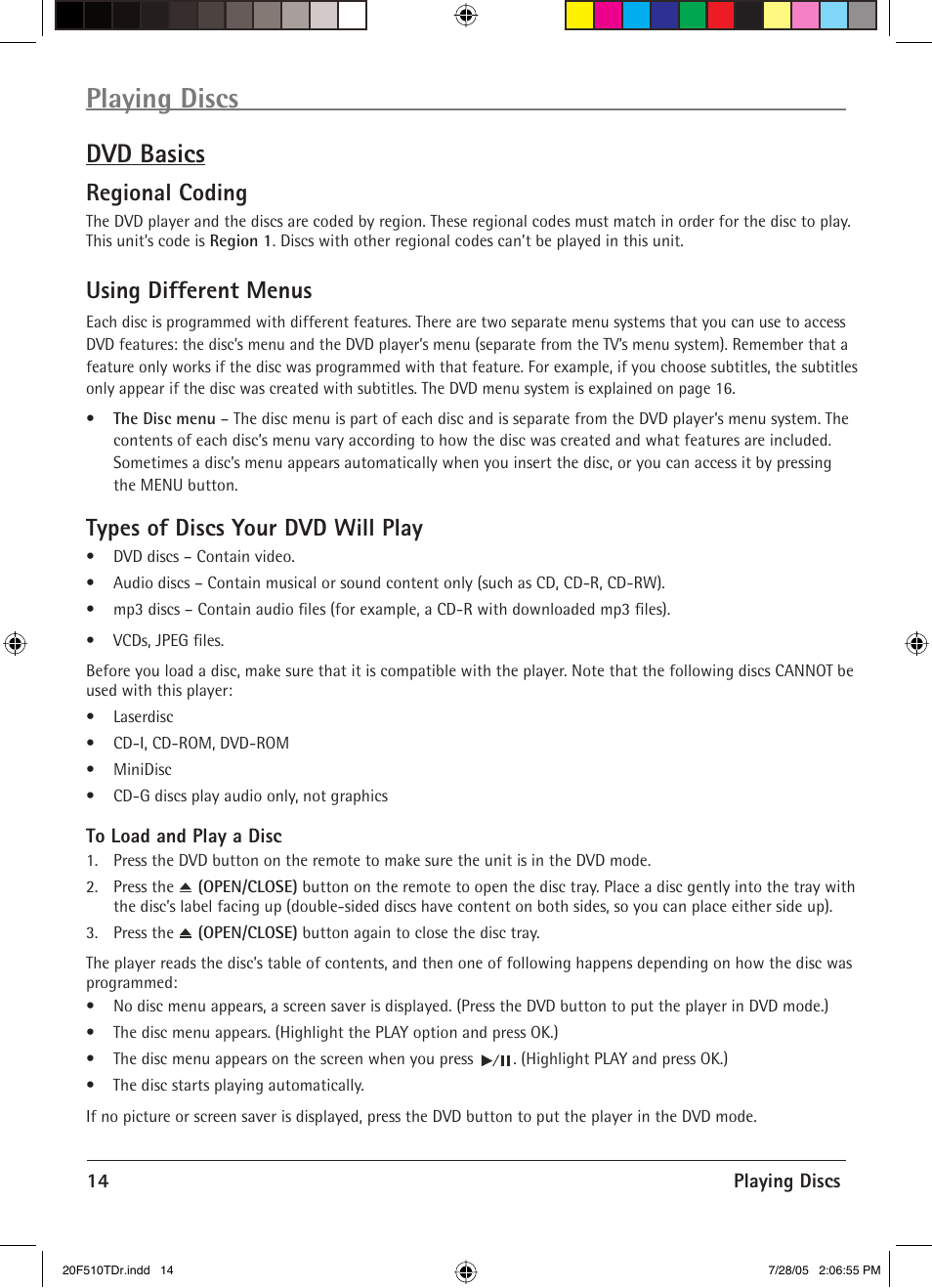 Playing discs, Dvd basics, Regional coding | Using different menus, Types of discs your dvd will play | RCA RCRVD2022 User Manual | Page 16 / 30