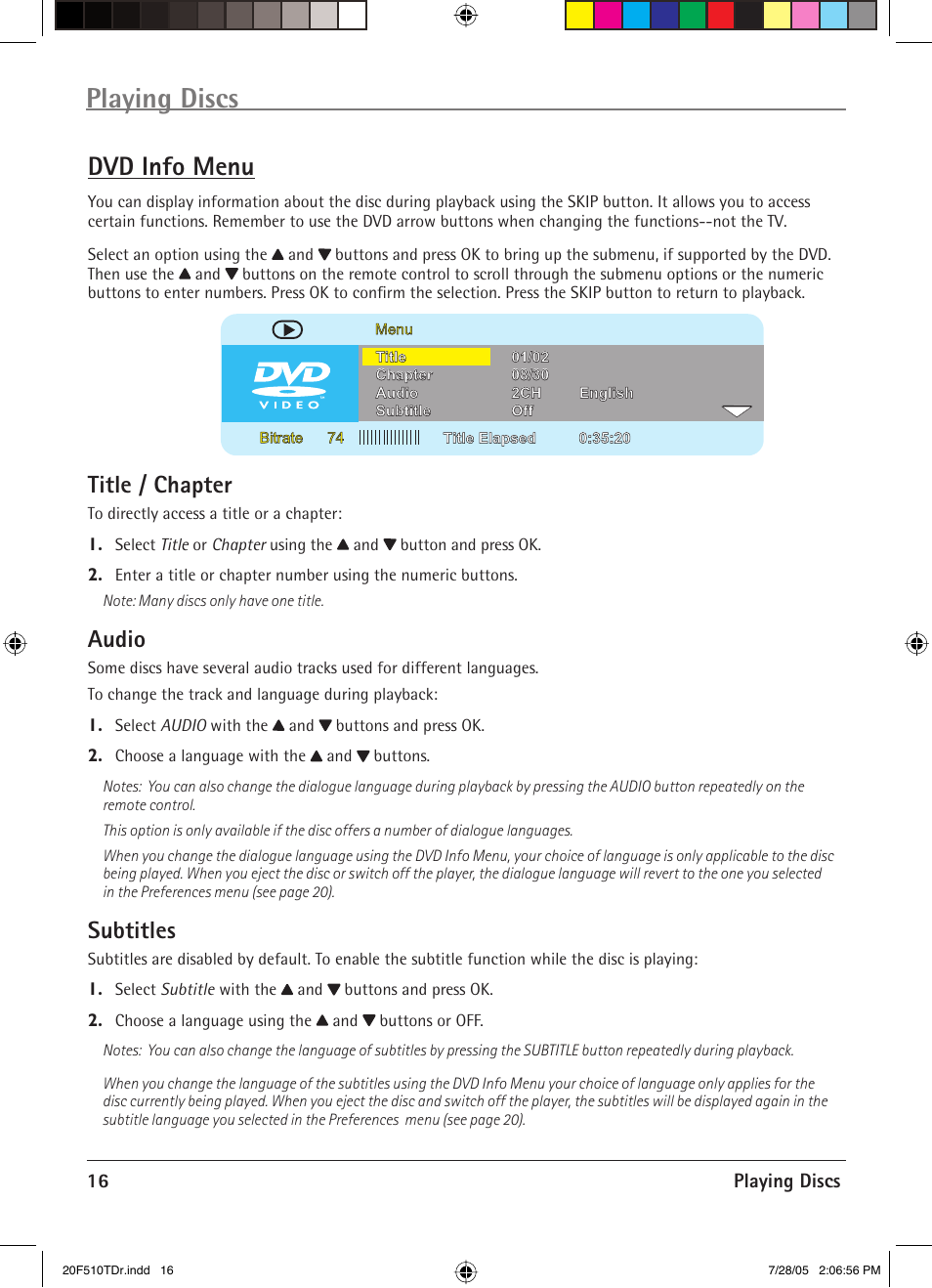 Playing discs, Dvd info menu, Title / chapter | Audio, Subtitles | RCA RCRVD2022 User Manual | Page 18 / 30