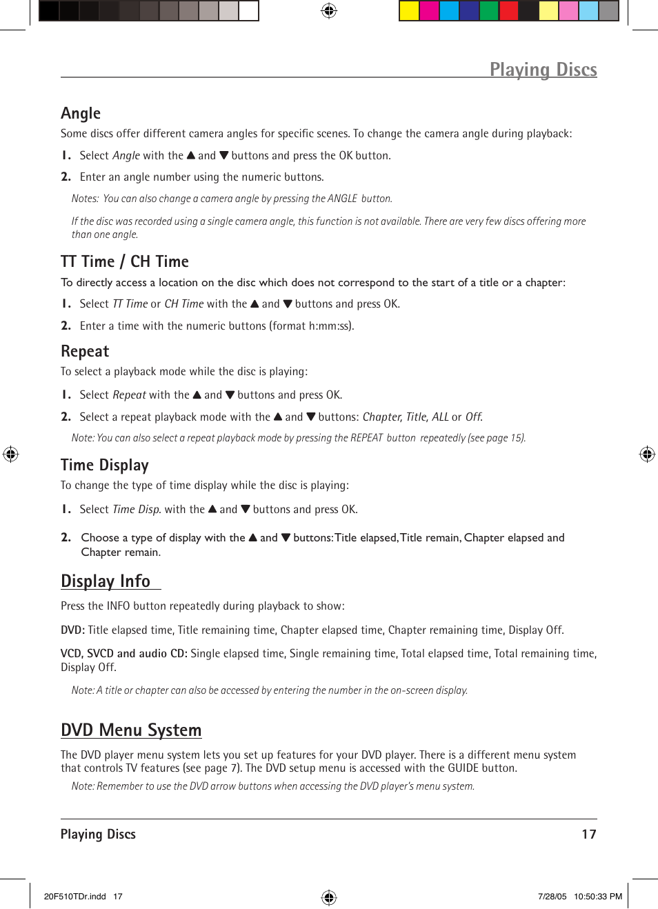 Playing discs, Display info, Dvd menu system | Angle, Tt time / ch time, Repeat, Time display | RCA RCRVD2022 User Manual | Page 19 / 30