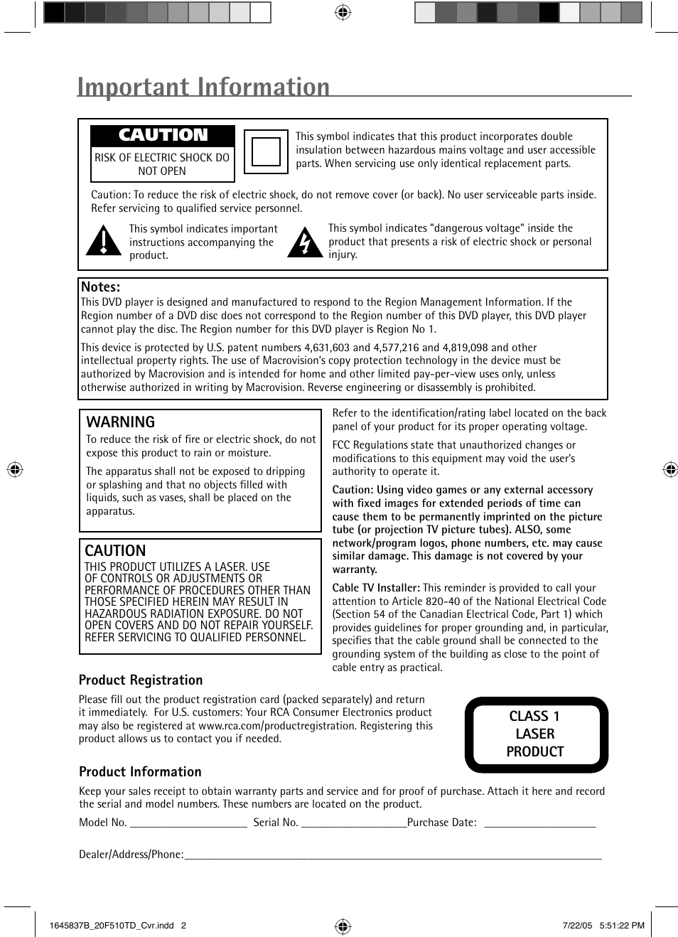 Important information, Caution, Warning | RCA RCRVD2022 User Manual | Page 2 / 30