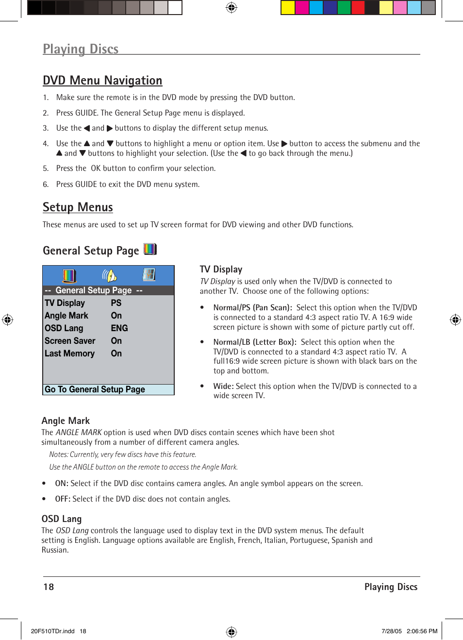 Playing discs, Dvd menu navigation, Setup menus | General setup page | RCA RCRVD2022 User Manual | Page 20 / 30