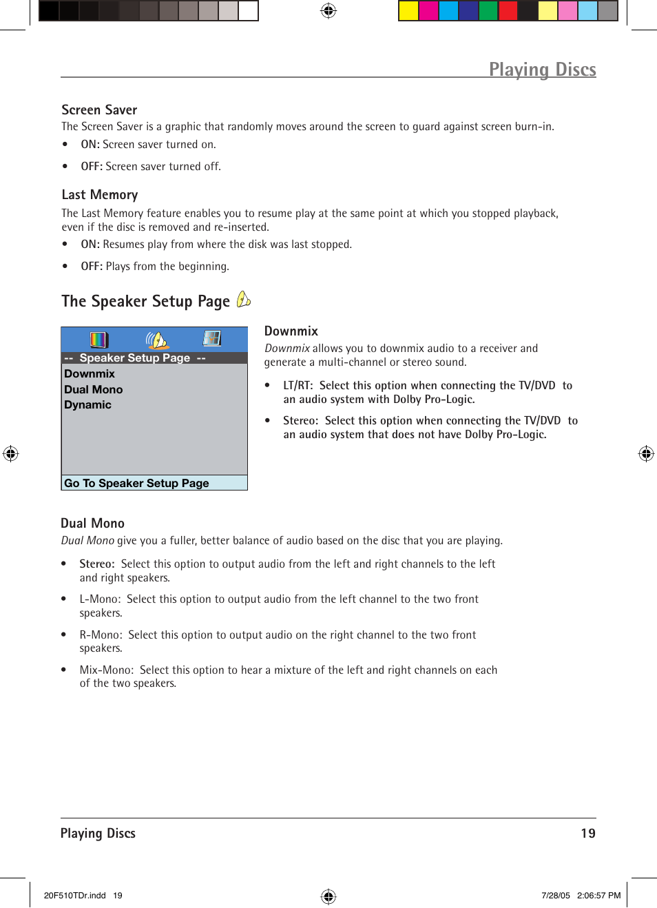 Playing discs, The speaker setup page | RCA RCRVD2022 User Manual | Page 21 / 30