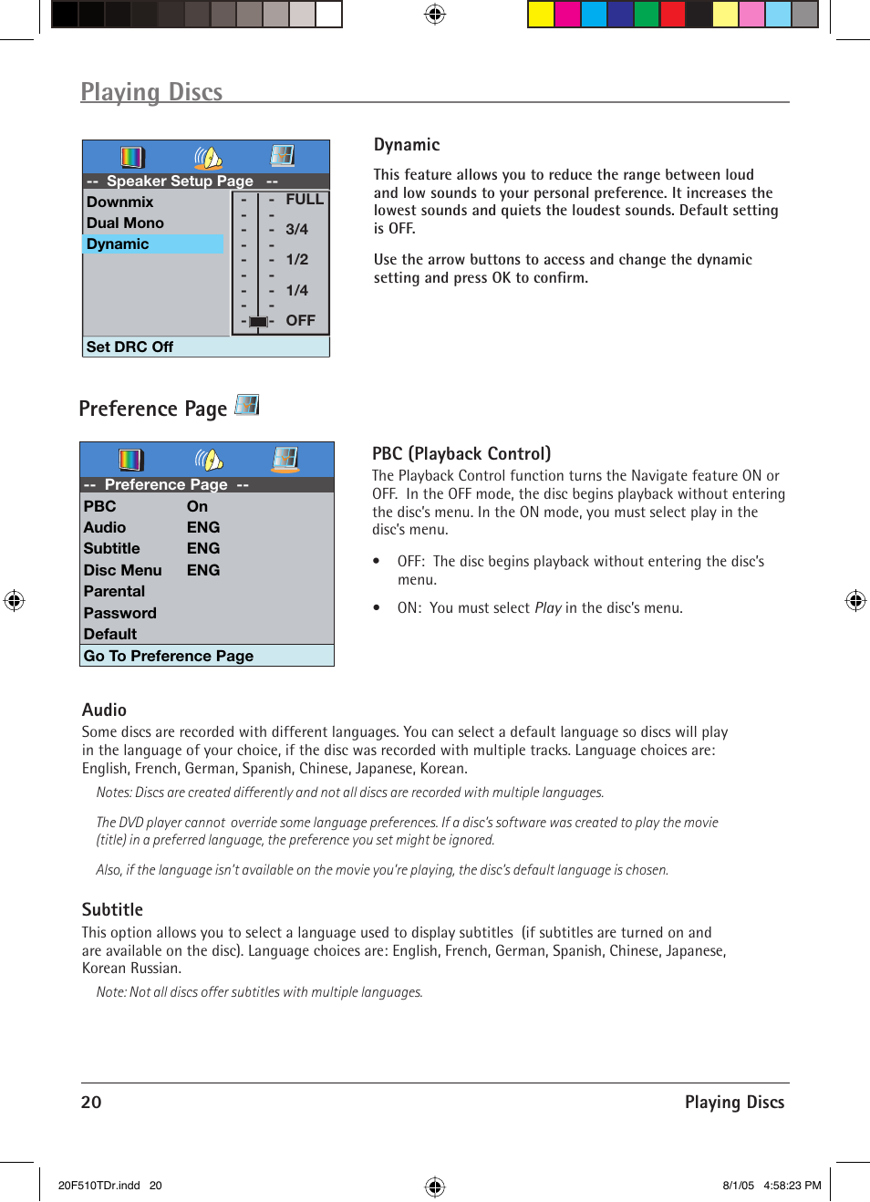 Playing discs, Preference page | RCA RCRVD2022 User Manual | Page 22 / 30