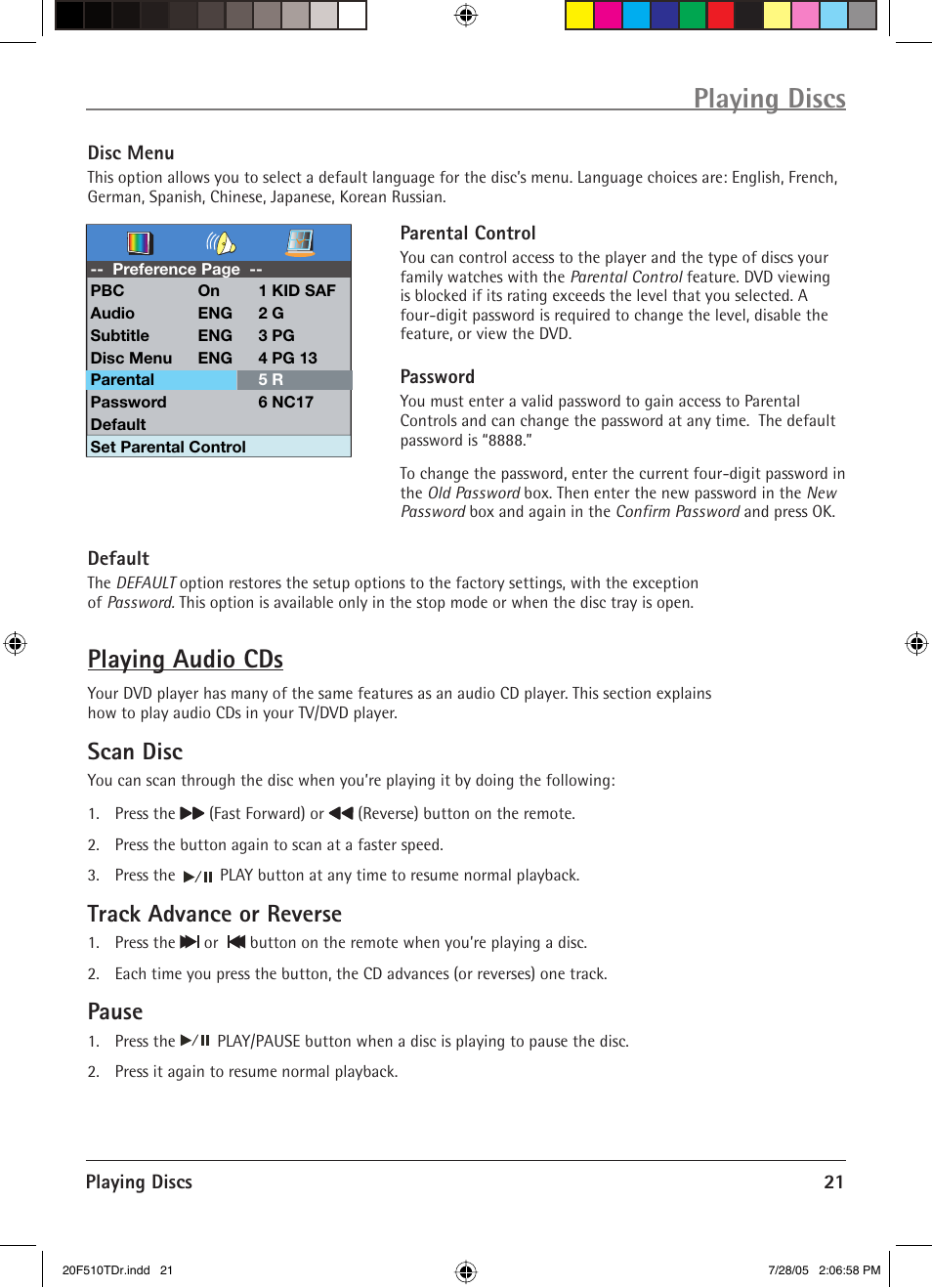 Playing discs, Playing audio cds, Scan disc | Track advance or reverse, Pause | RCA RCRVD2022 User Manual | Page 23 / 30