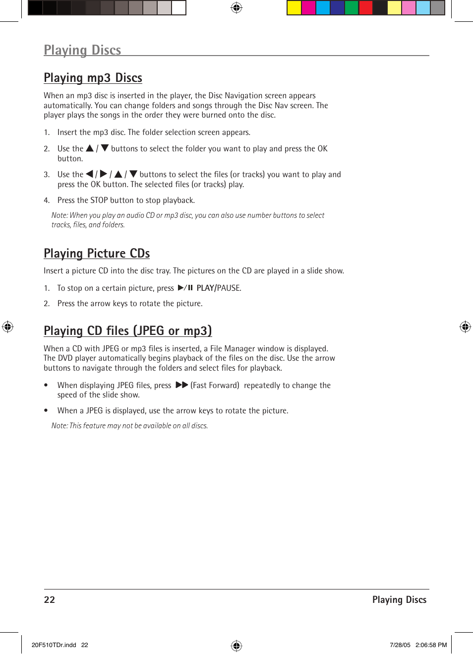 Playing discs, Playing mp3 discs, Playing picture cds | Playing cd fi les (jpeg or mp3) | RCA RCRVD2022 User Manual | Page 24 / 30