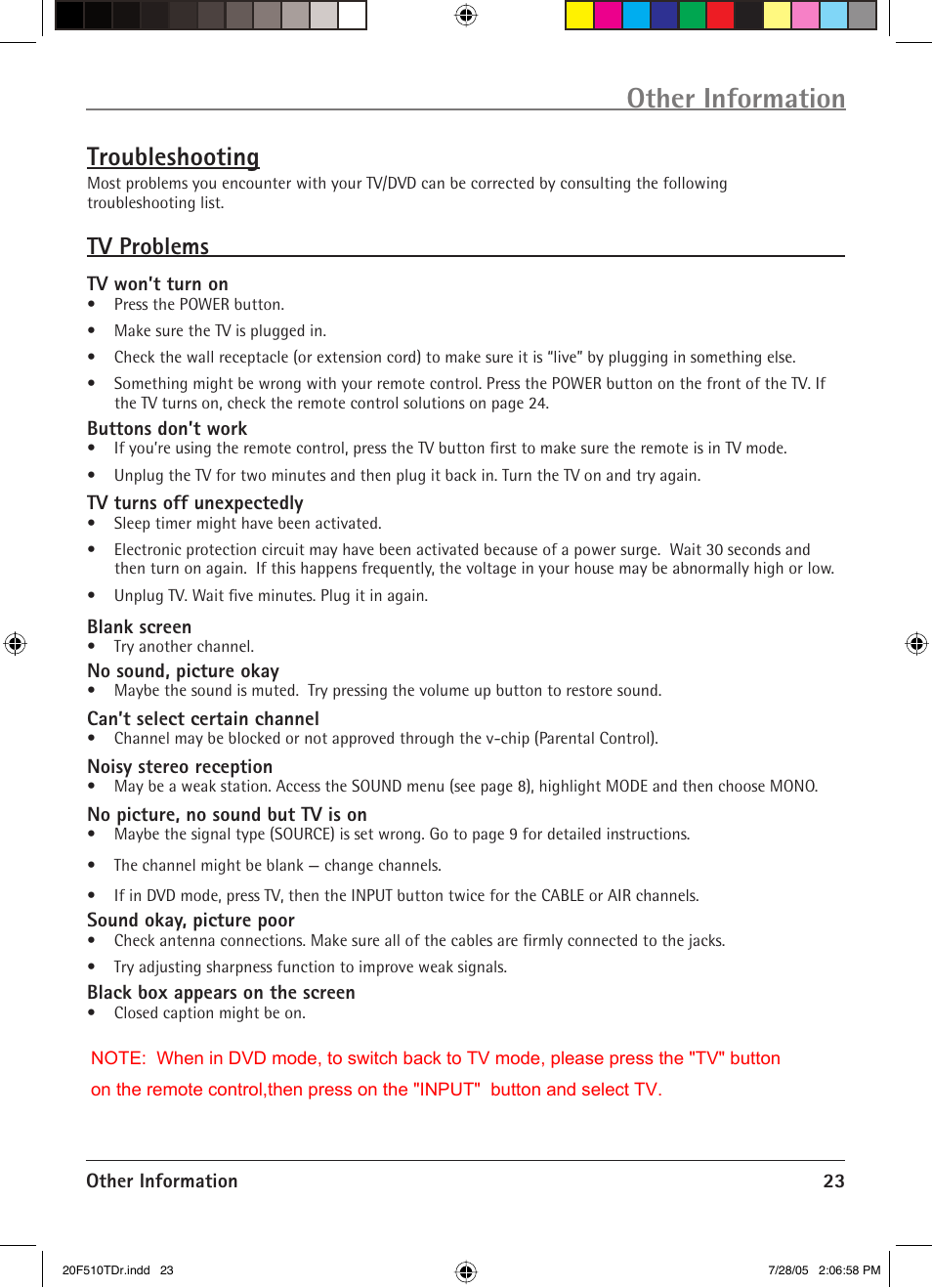 Other information, Troubleshooting, Tv problems | RCA RCRVD2022 User Manual | Page 25 / 30