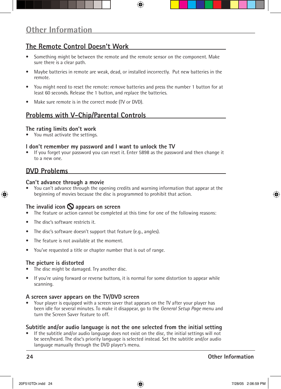 Other information, The remote control doesn’t work, Problems with v-chip/parental controls | Dvd problems | RCA RCRVD2022 User Manual | Page 26 / 30