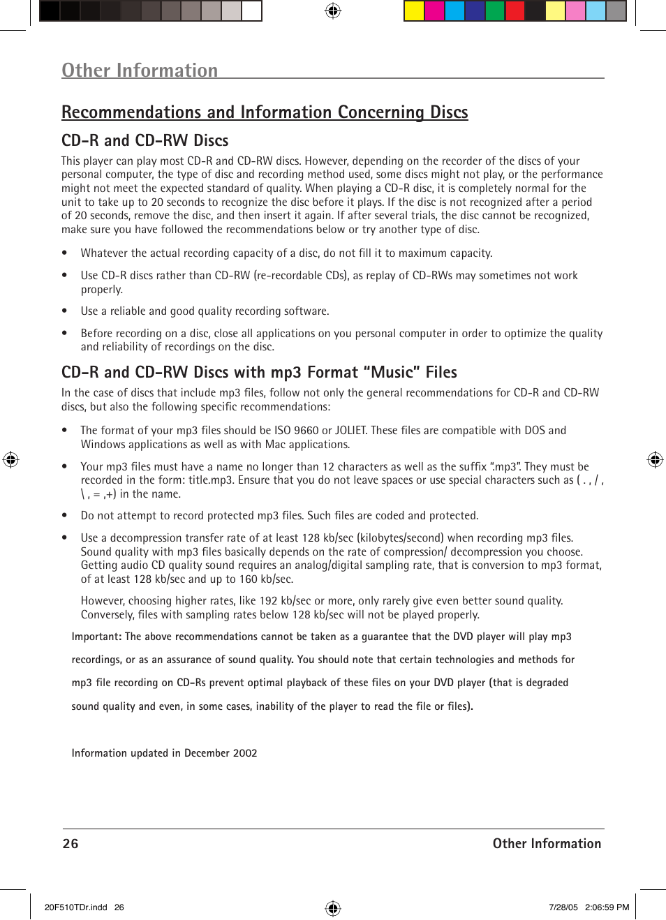 Other information, Recommendations and information concerning discs, Cd-r and cd-rw discs | Cd-r and cd-rw discs with mp3 format “music” files | RCA RCRVD2022 User Manual | Page 28 / 30