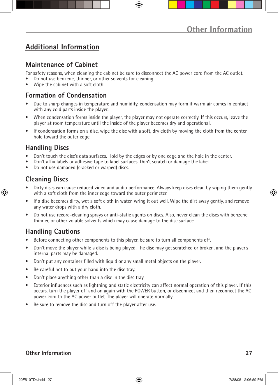 Other information, Additional information, Maintenance of cabinet | Formation of condensation, Handling discs, Cleaning discs, Handling cautions | RCA RCRVD2022 User Manual | Page 29 / 30