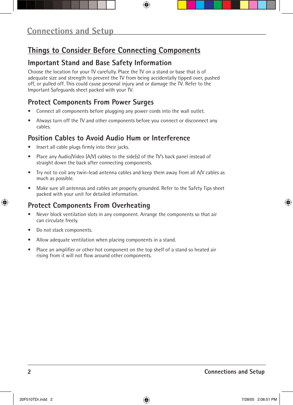 Connections and setup, Things to consider before connecting components, Important stand and base safety information | Protect components from power surges, Position cables to avoid audio hum or interference, Protect components from overheating | RCA RCRVD2022 User Manual | Page 4 / 30