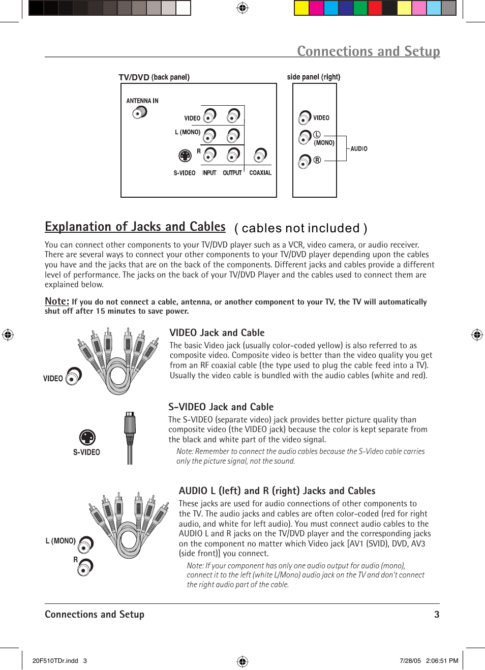 Connections and setup, Explanation of jacks and cables, Cables not included ) | RCA RCRVD2022 User Manual | Page 5 / 30